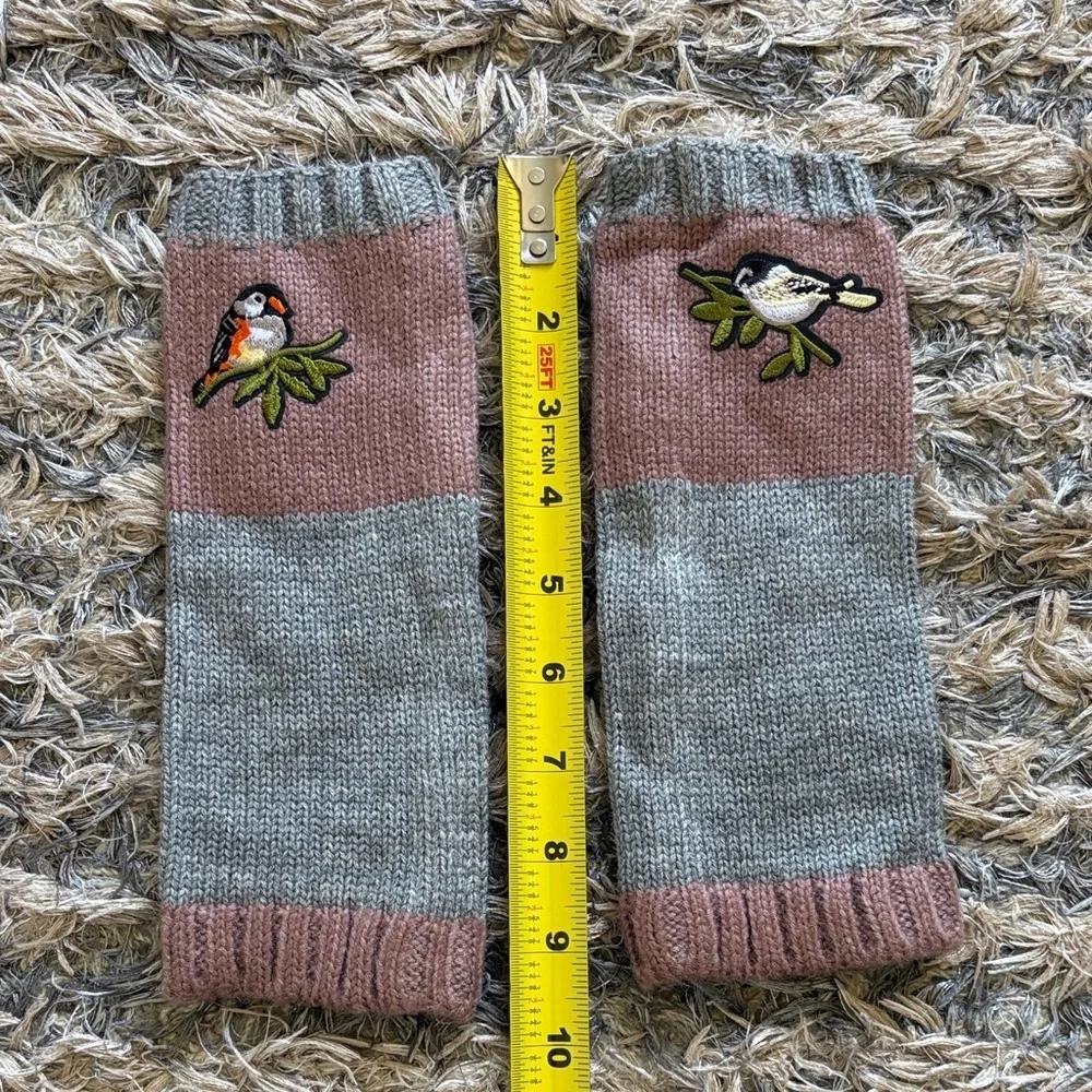 New! Handmade Bird Embroidered Fingerless Gloves in Dusty Rose and Gray